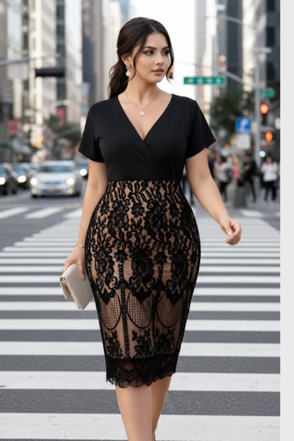 Damen Kleid schwarz V-Ausschnitt tailliert locker Passform minimalistisch vielseitig