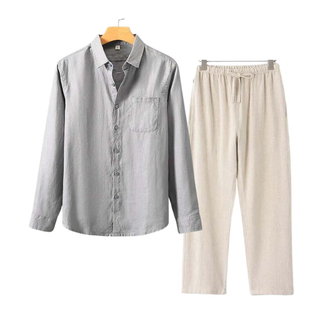 Herren Leinenhemd und Leinenhose Set Sommer Zweiteiler Freizeitanzug aus Leinen