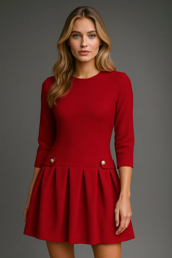 Damen Kleid Faltenrock A-Linie elegant Rundhals locker Passform vielseitig