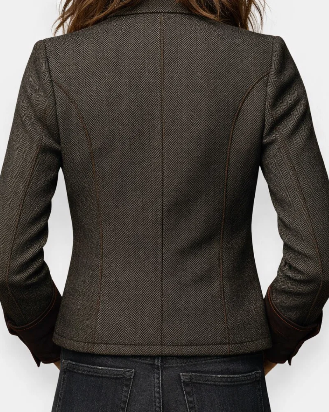 Damen Blazer Tailliert Fischgrät Muster Elegant Knopfleiste Kontrast Manschetten