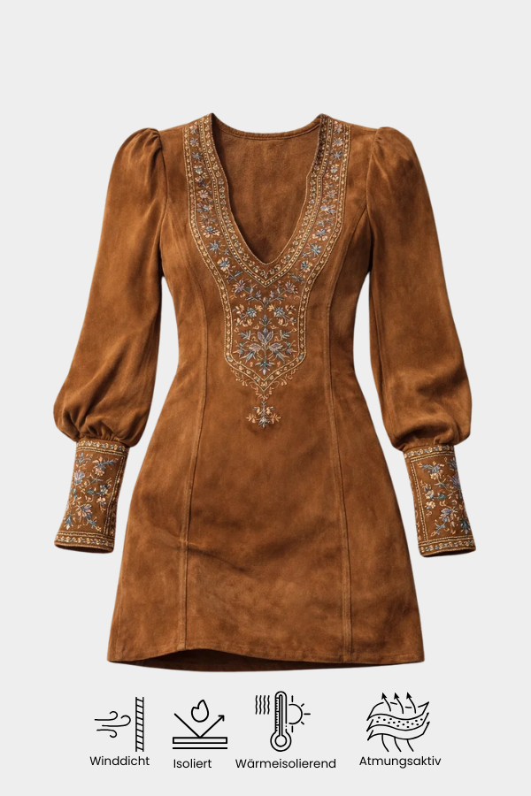 Damen Minikleid lila Suede-Optik Stickerei kurzärmlos elegante Passform
