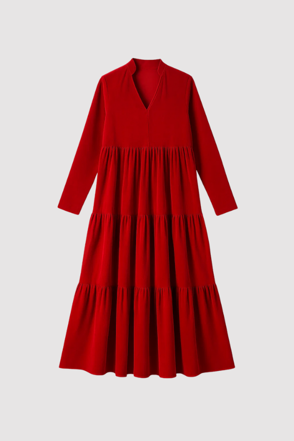 Damen Midikleid einfarbig V-Ausschnitt Langarm A-Linie Taschen komfortable Passform