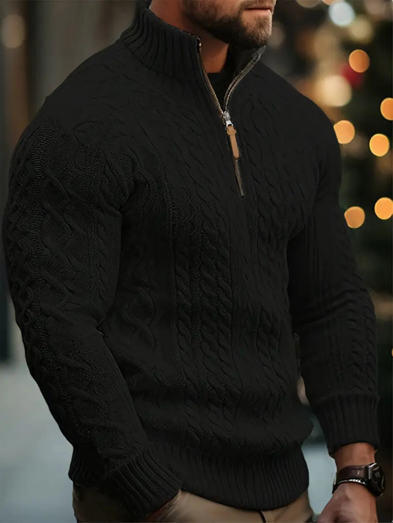 Herren Strickpullover, halber Reißverschluss Kragen Zopfmuster Stehkragen elastisch bequem