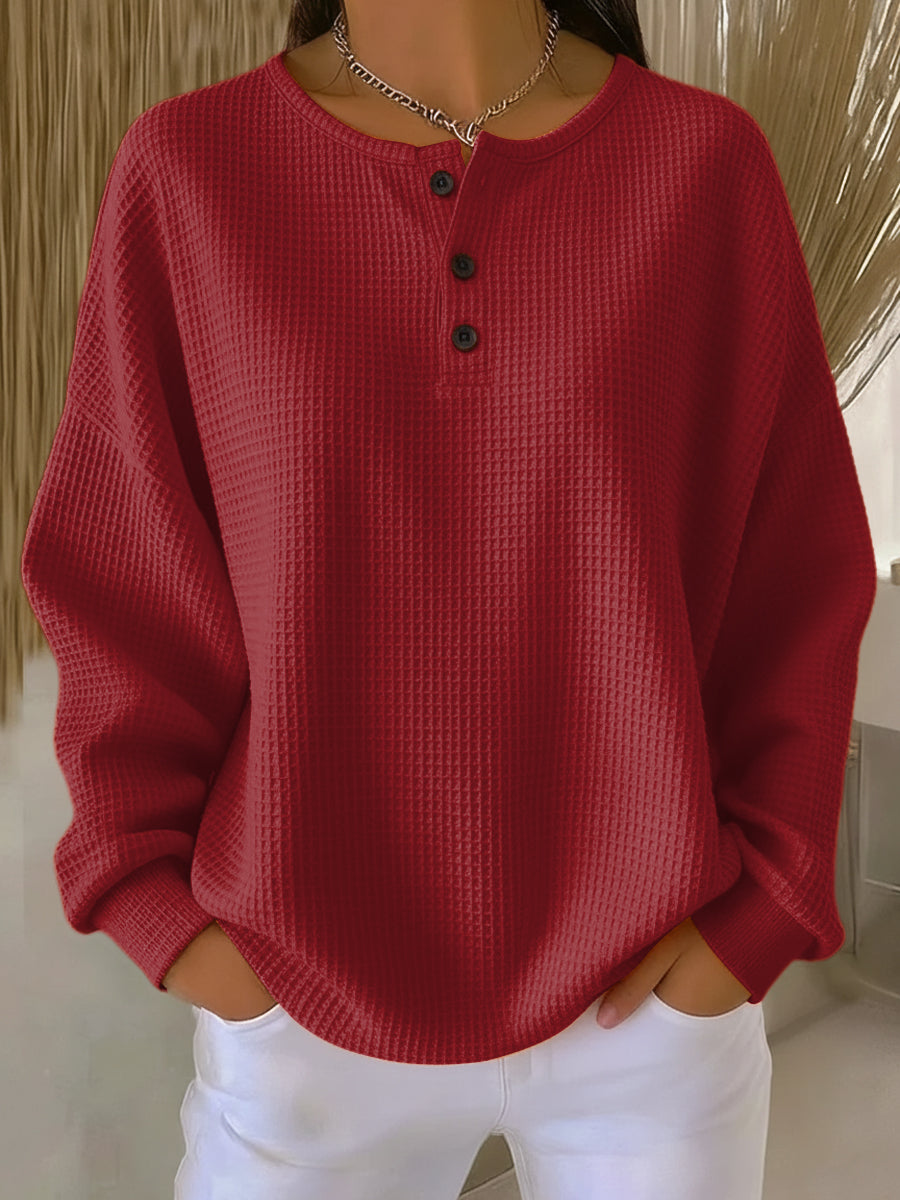 Damen Pullover Waffelstrick Langarm lose warme bequeme Passform