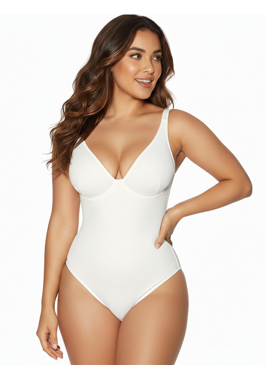 Damen Shaping Bodysuit Schwarz nahtlos figurformend mit V-Ausschnitt Push-up Effek