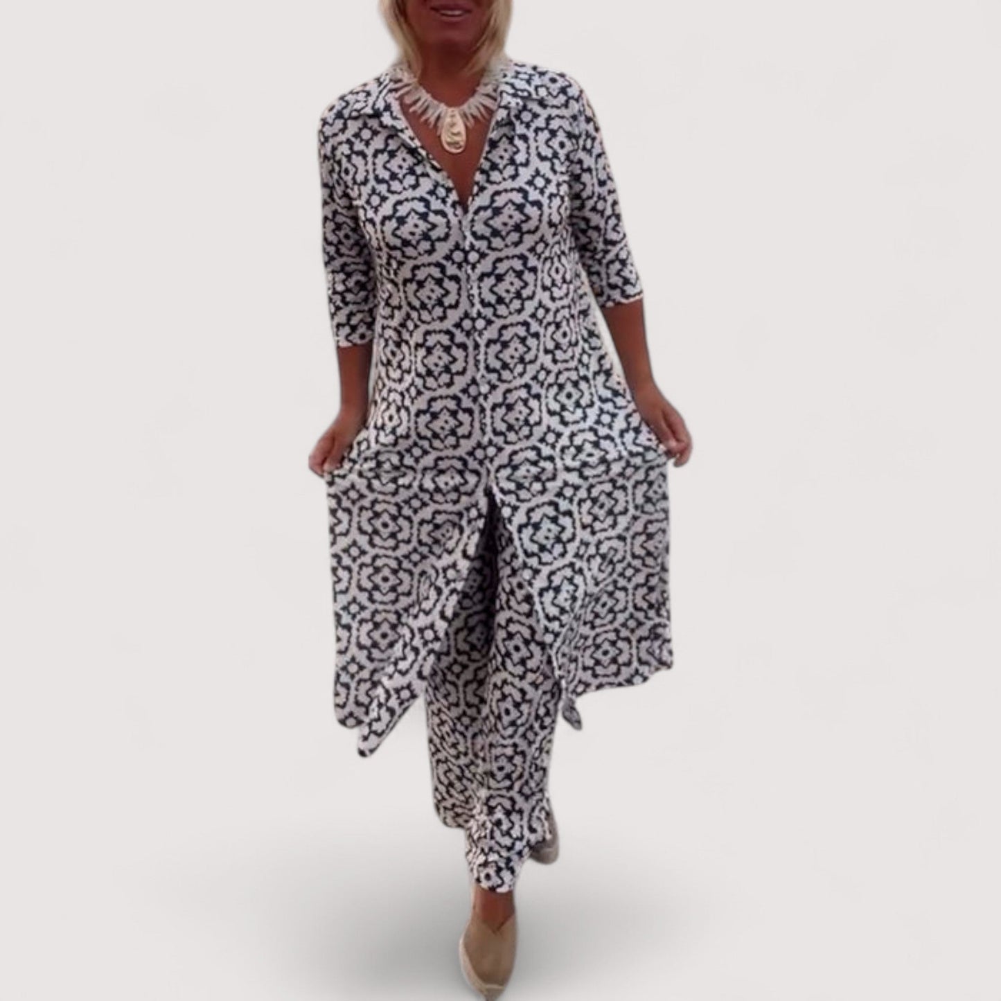 Damen Zweiteiler Set geometrisches Muster locker geschnitten bequem vielseitig kombinierbar elegante Passform