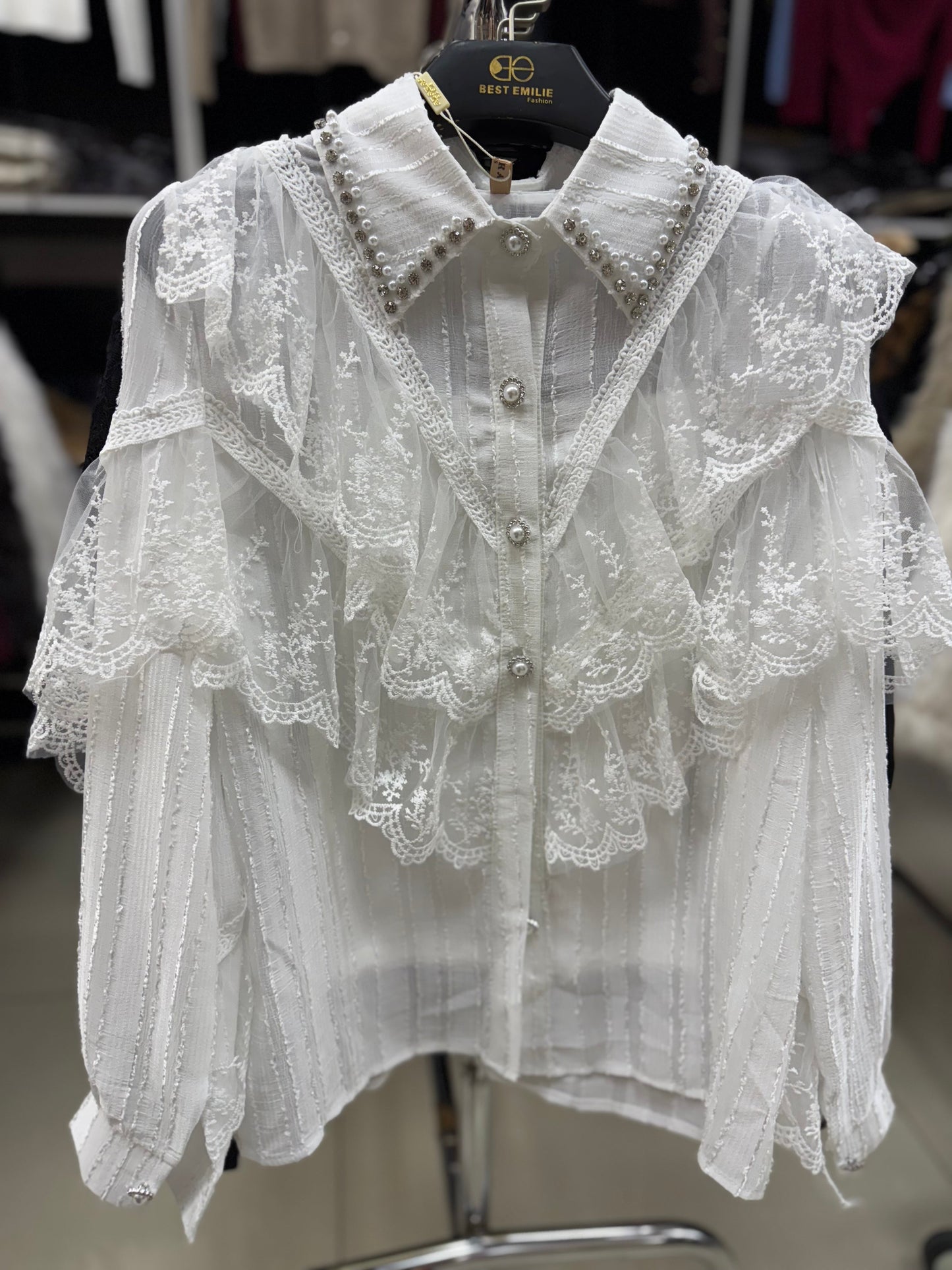 Damen Bluse Vintage Spitze Volants Langarm Lockerer Schnitt Perlenknöpfe Elegant