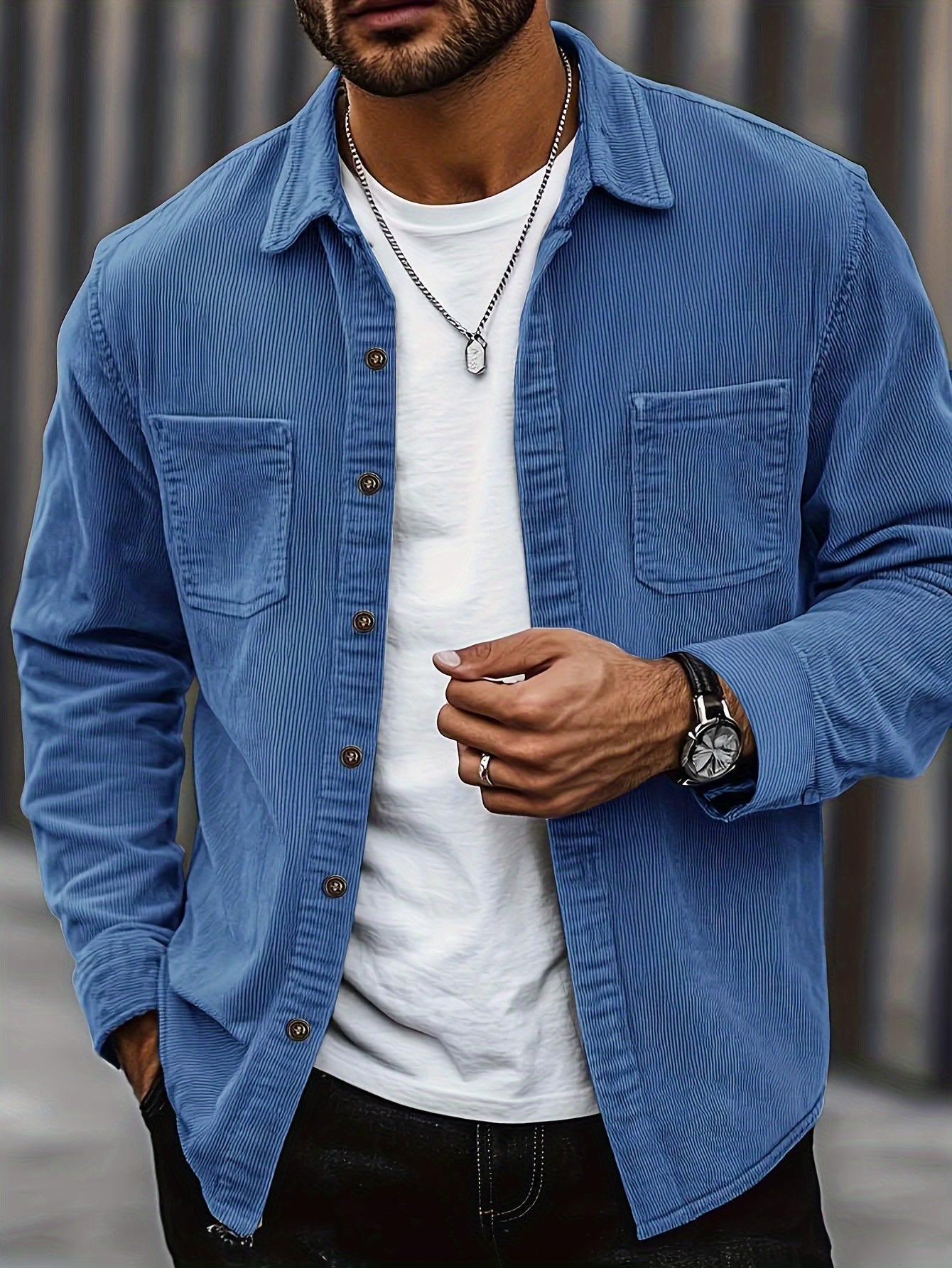 Herren Hemdjacke Polyester Kordeloptik einfarbiger Reverskragen langa