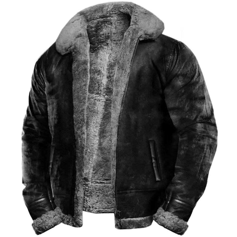 Herren Lederjacke mit Fellfutter, Reverskragen, locker geschnitten, warm