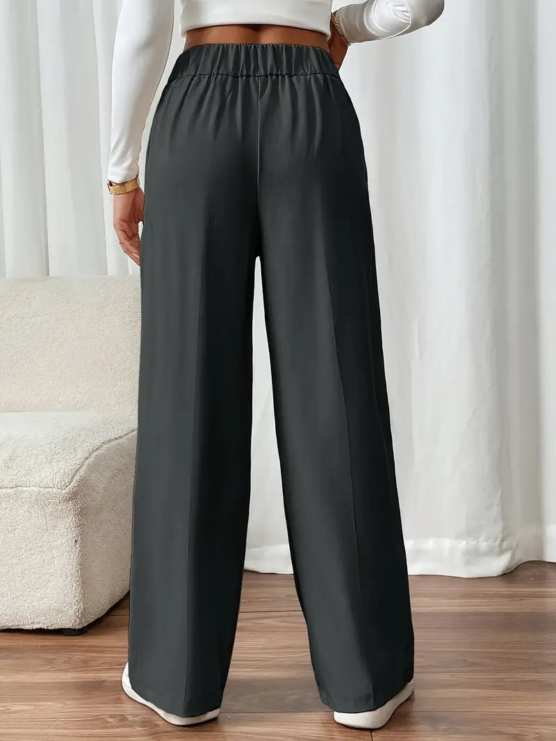 Damen Hose Regular Fit Weites Bein Elastischer Bund Seitentaschen Casual Elegant Alltag Büro