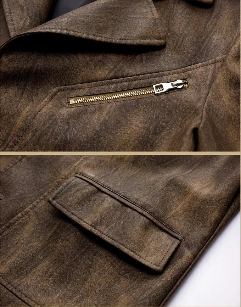 Herren Lederjacke strukturiert Reißverschluss Stehkragen mehrere Taschen klassisch modern