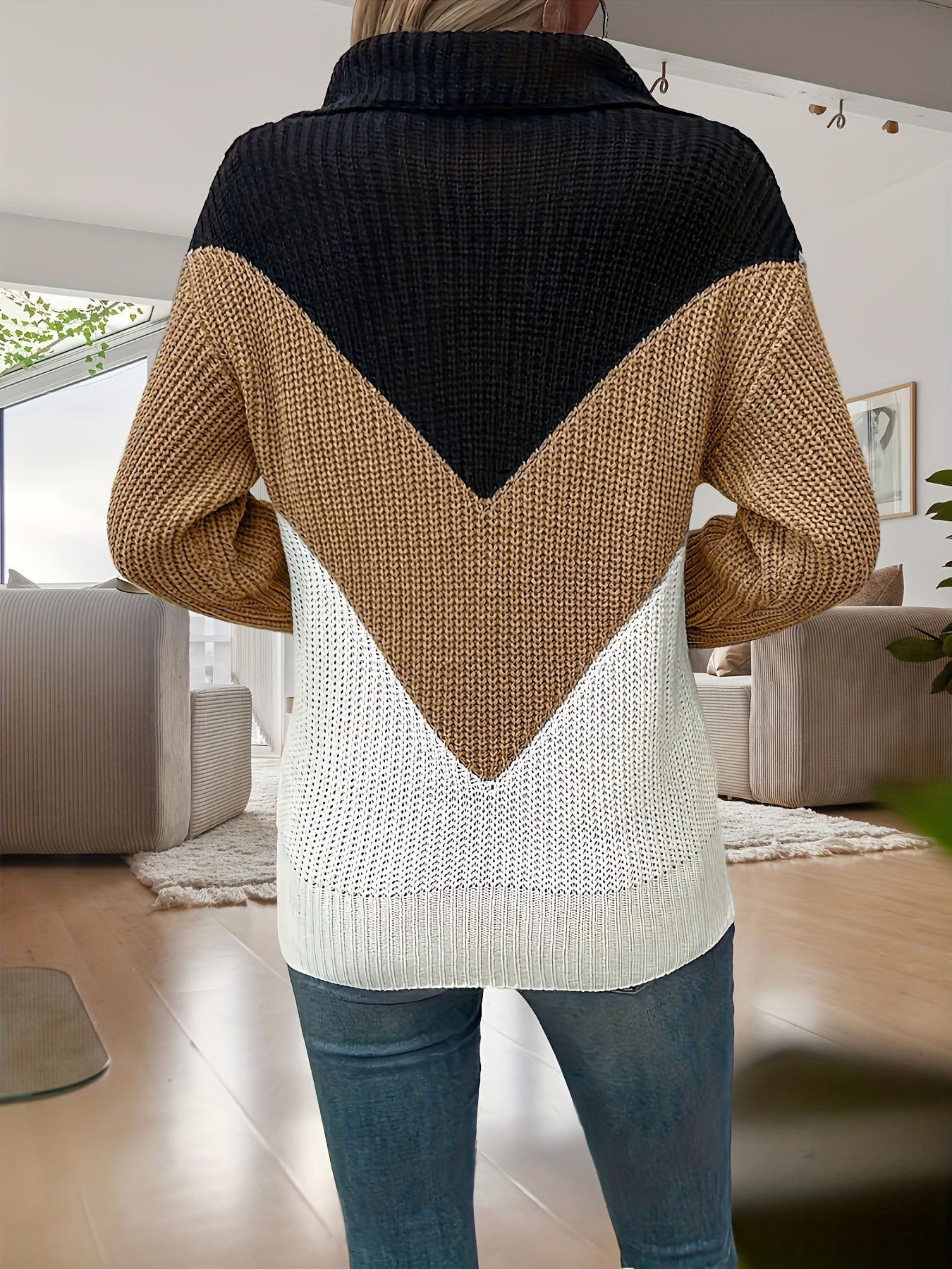 Damen Strickpullover Reißverschluss V-Muster stehender gerader Schnitt weicher Kragen