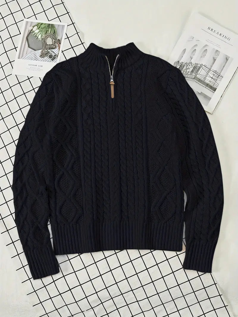 Herren Strickpullover, halber Reißverschluss Kragen Zopfmuster Stehkragen elastisch bequem