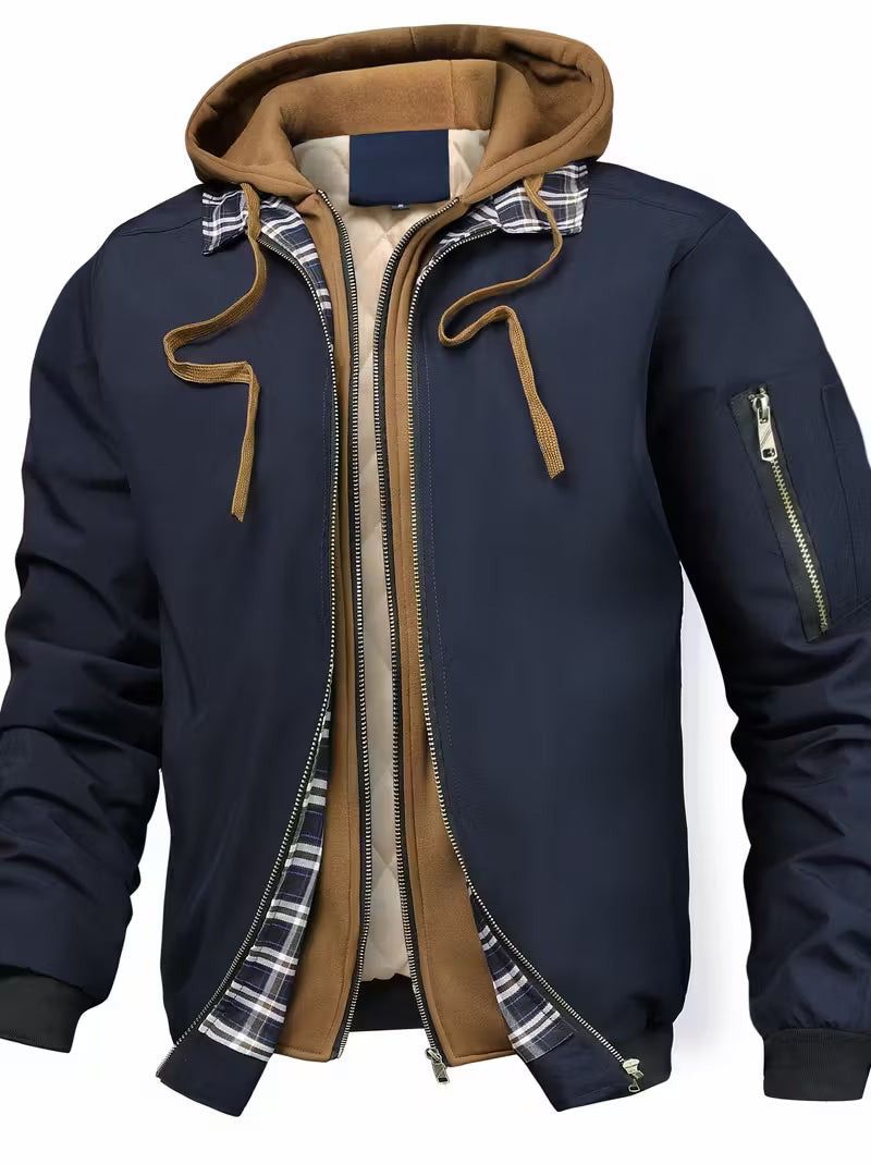 Herren Kapuzenjacke Regular Fit Luftwaffe Stil Reißverschluss Warm Übergang Outdoor Alltag Funktional
