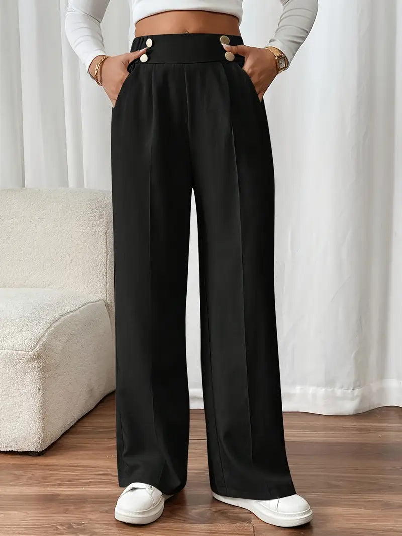 Damen Hose Regular Fit Weites Bein Elastischer Bund Seitentaschen Casual Elegant Alltag Büro