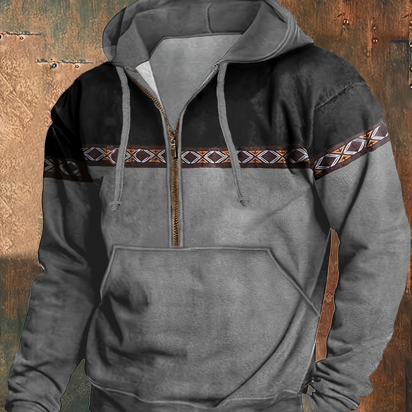 Herren Hoodie Langarm Kapuze Halber Reißverschluss Regular Fit Muster Freizeit Pullover