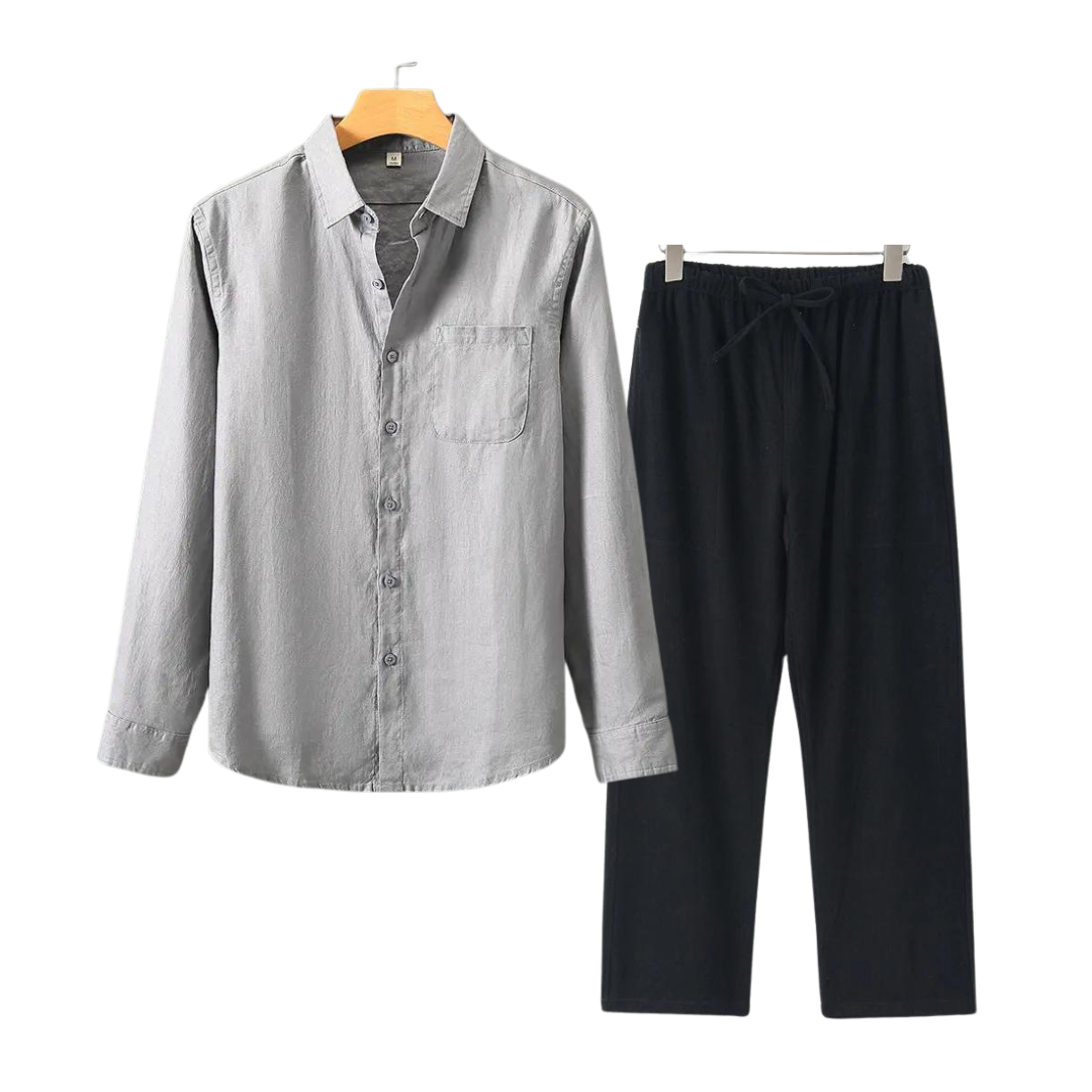 Herren Leinenhemd und Leinenhose Set Sommer Zweiteiler Freizeitanzug aus Leinen