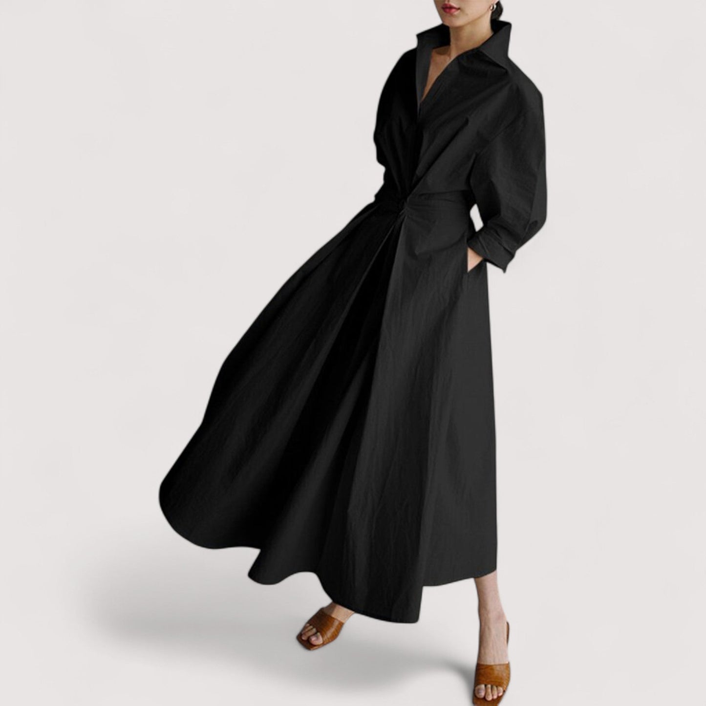 Damen Maxikleid Reverskragen elastischer Bund weit schwingend elegant