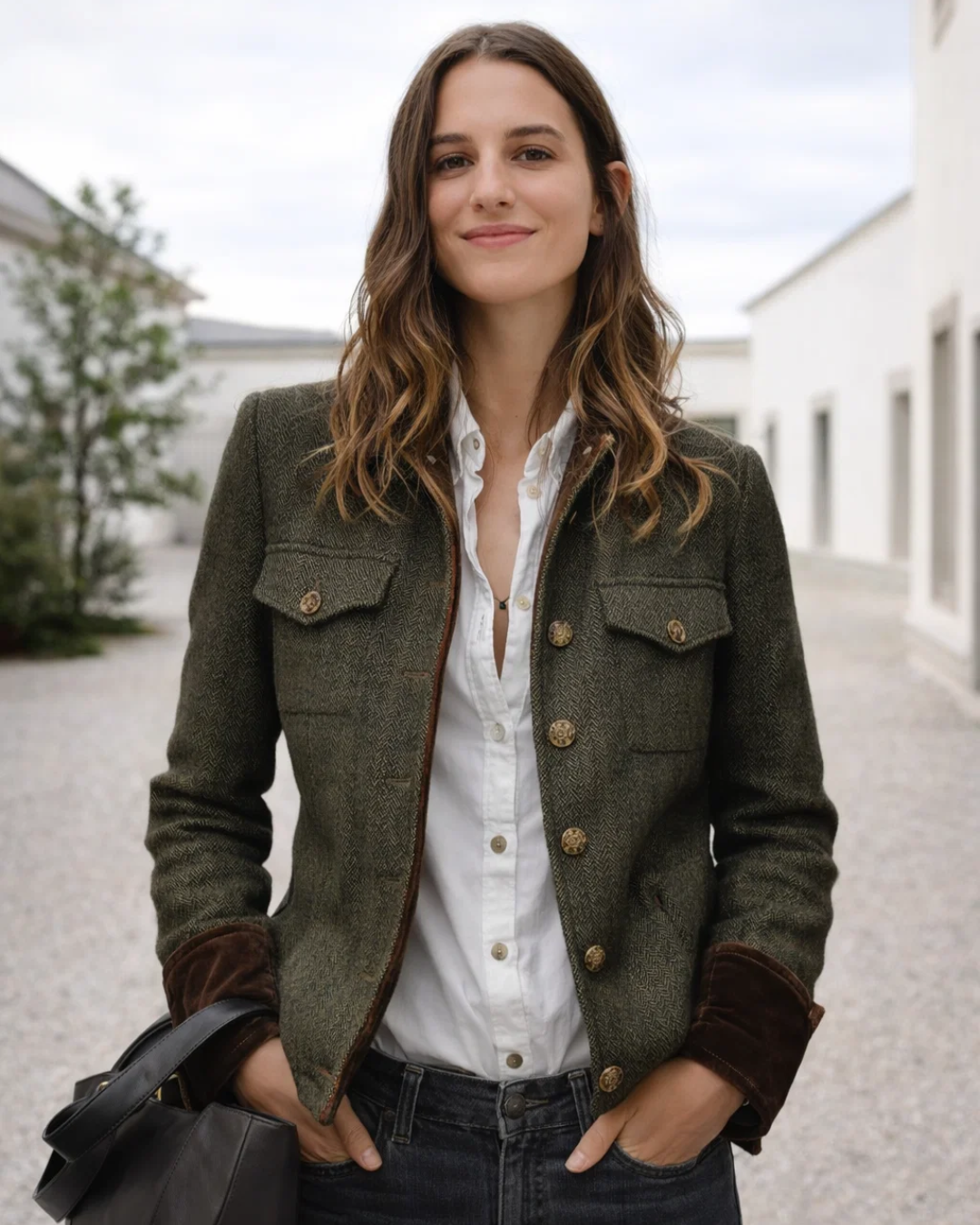 Damen Blazer Tailliert Fischgrät Muster Elegant Knopfleiste Kontrast Manschetten