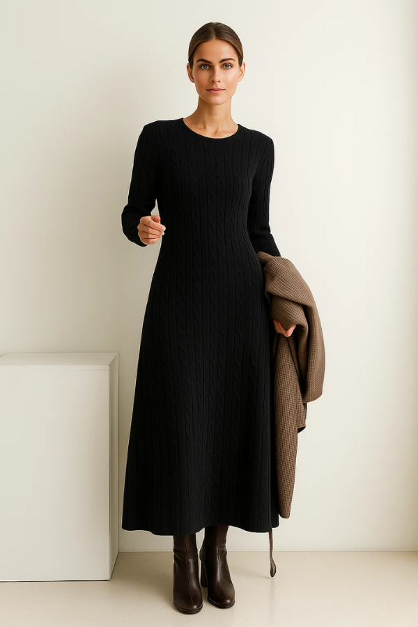 Damen Langkleid Strick figurbetont mit Rundhalsausschnitt langärmlig elastisch bequeme Passform elegant