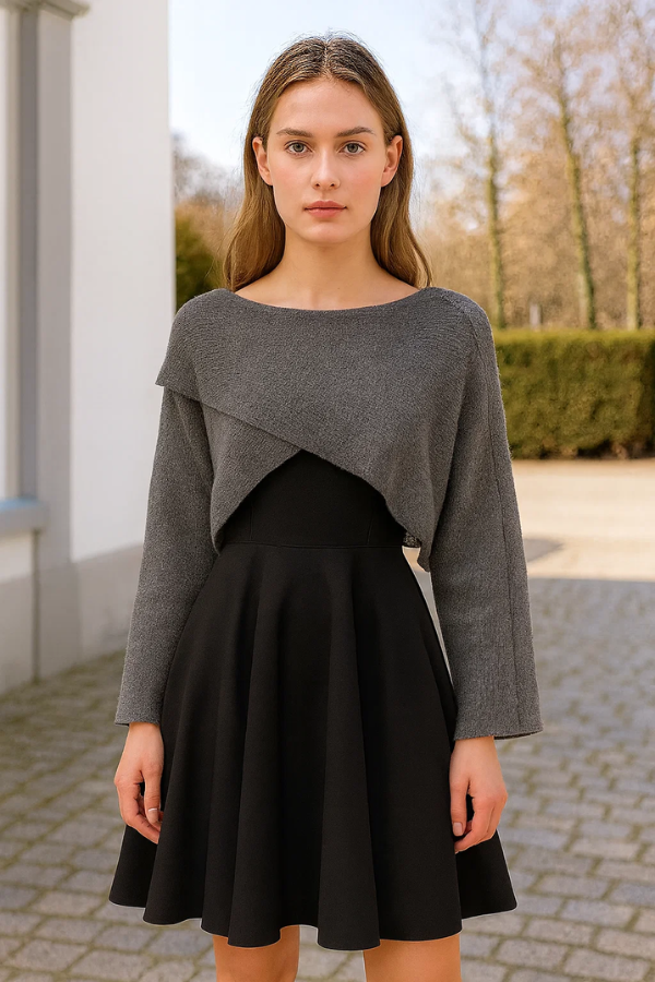Damen Zweiteiler Regular Fit Strickpullover mit figurbetontem Kleid Set Loungewear Strickkleid-Kombination 2-teilig