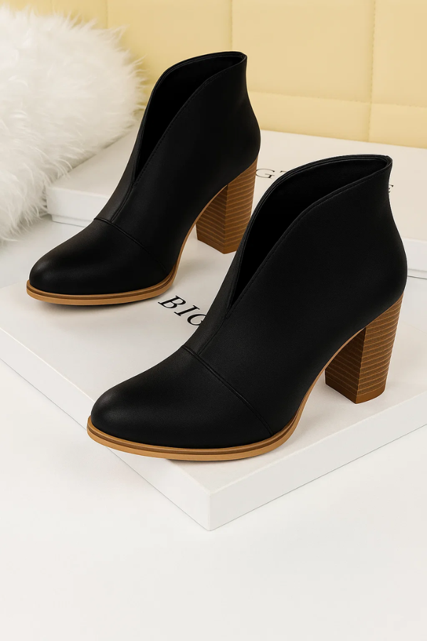 Damen Stiefeletten V-Ausschnitt Blockabsatz Slip-On bequem vielseitig