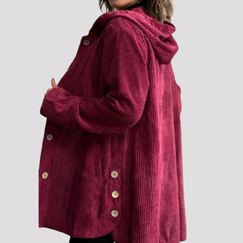 Damen Kordjacke einfarbig Kapuze Langarm Regular Fit Herbst Winter Freizeit Vintage Jacke
