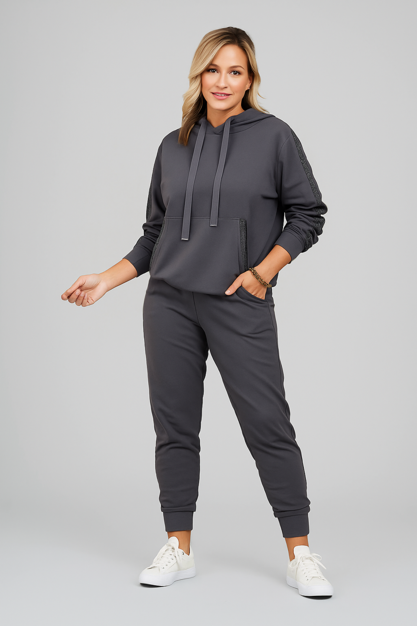 Damen Zweiteiler Regular Fit Kapuzenoberteil mit Kordelzug Hose Langarm Casual Trainingsset 2-teilig