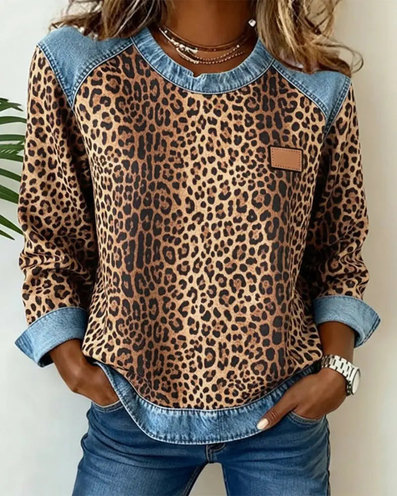 Damen Pullover Patchwork Leopardenmuster Reißverschluss Stehkragen normale Passform