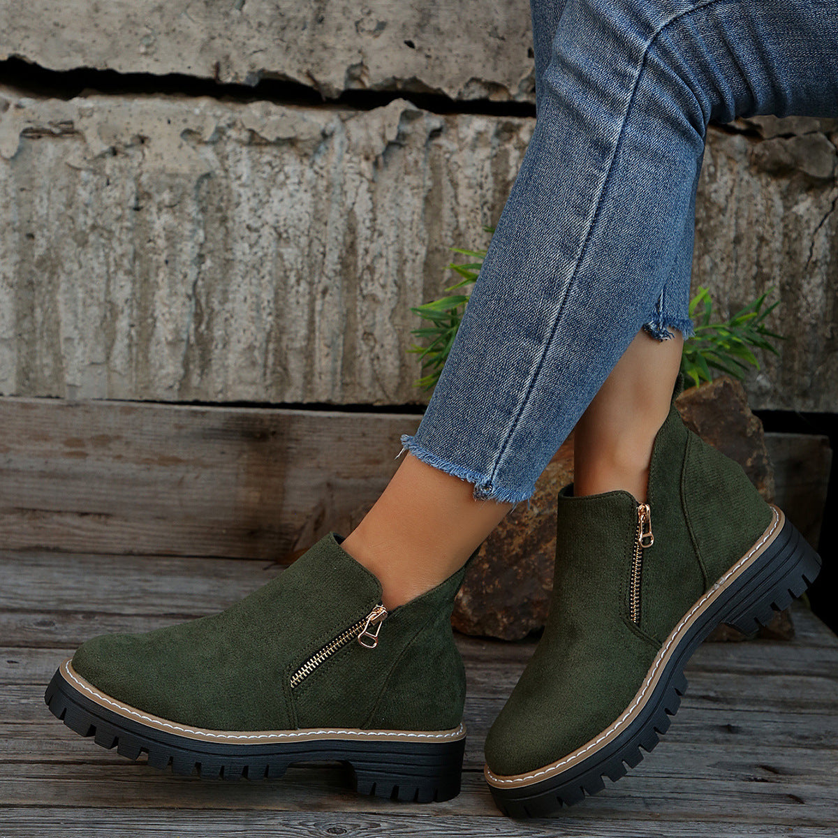 Damen-Slip-Boots mit Reißverschluss wasserabweisender Blockabsatz rund