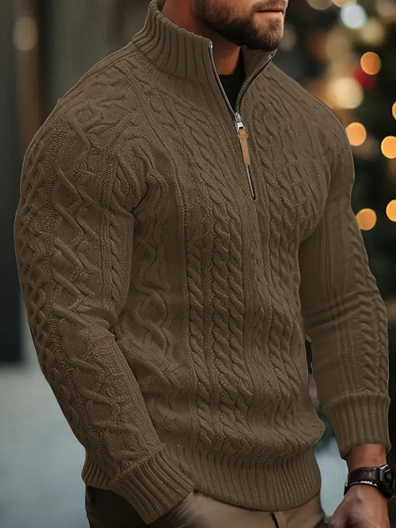 Herren Strickpullover, halber Reißverschluss Kragen Zopfmuster Stehkragen elastisch bequem