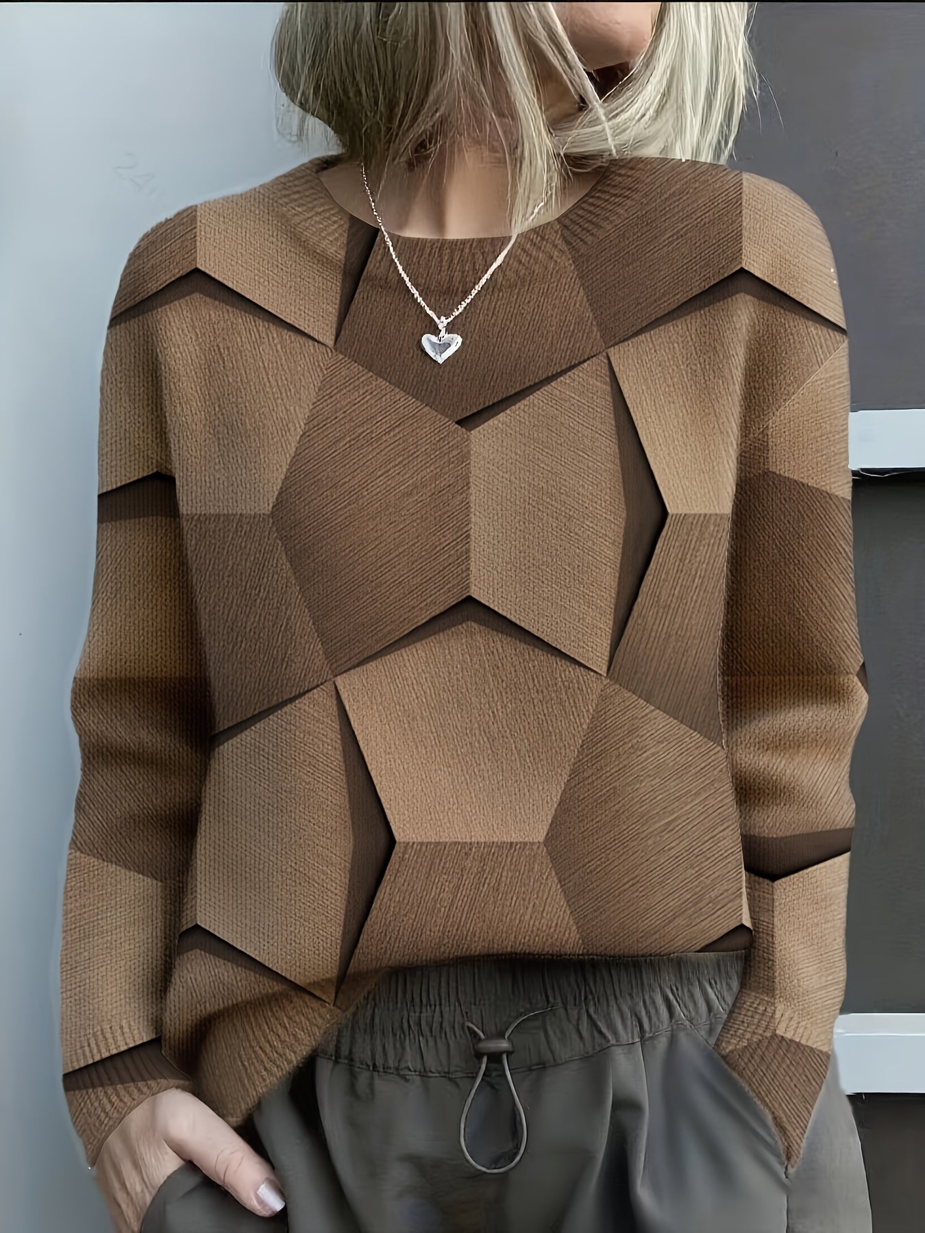 Damen Sweatshirt geometrisches Muster locker geschnitten bequem warm langarm
