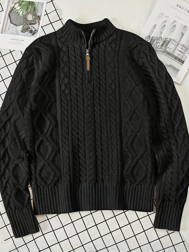Herren Strickpullover, halber Reißverschluss Kragen Zopfmuster Stehkragen elastisch bequem