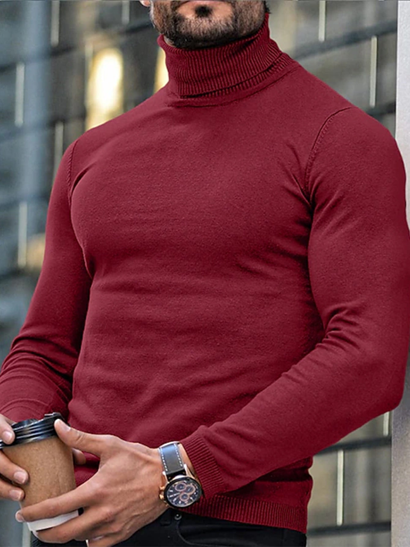 Herren Rollkragenpullover einfarbig normale Passform, leicht dehnbarer Strick