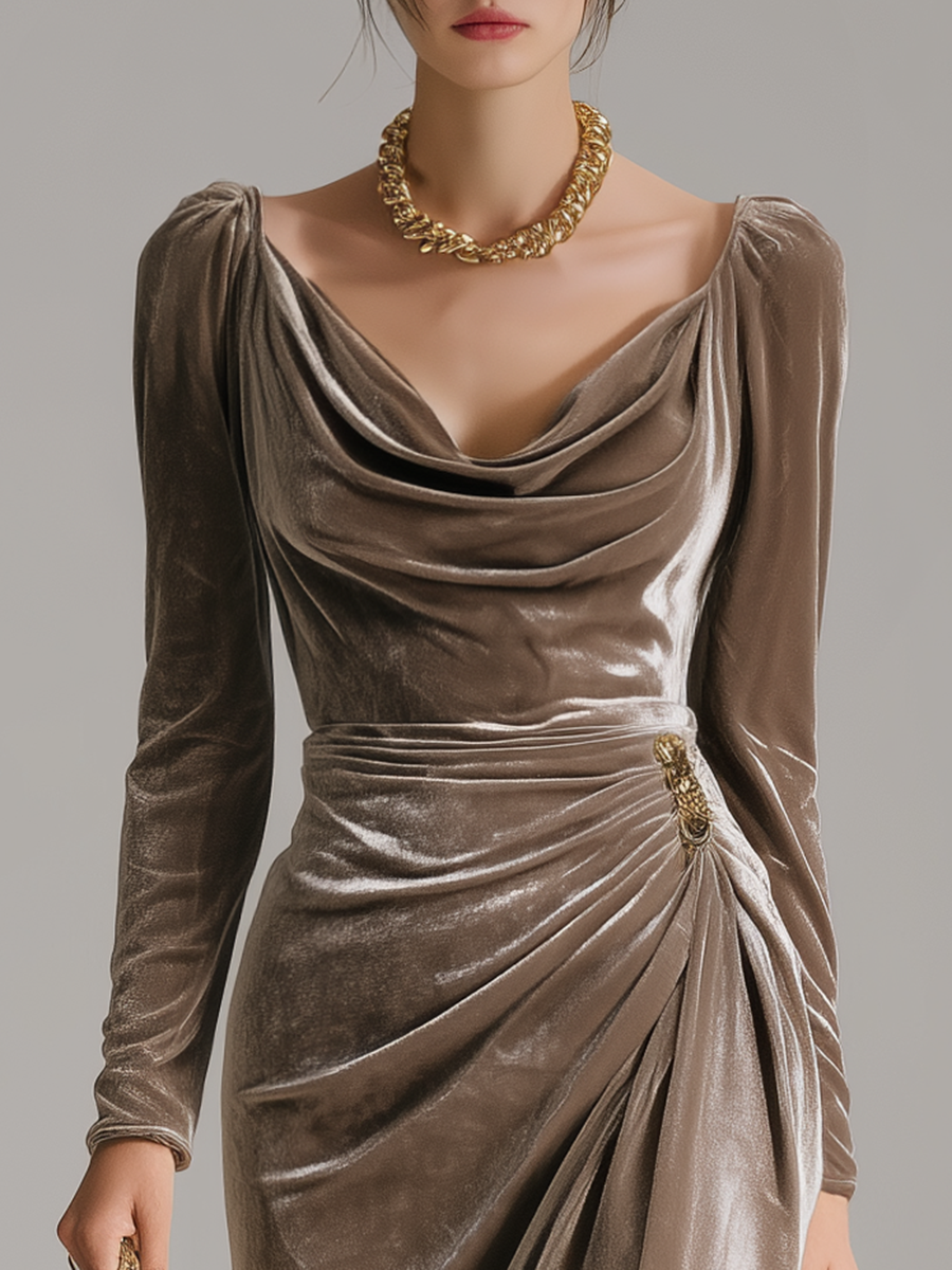 Damen Midikleid Samtoptik Wasserfallausschnitt figurbetont Wickeloptik langarm elegant