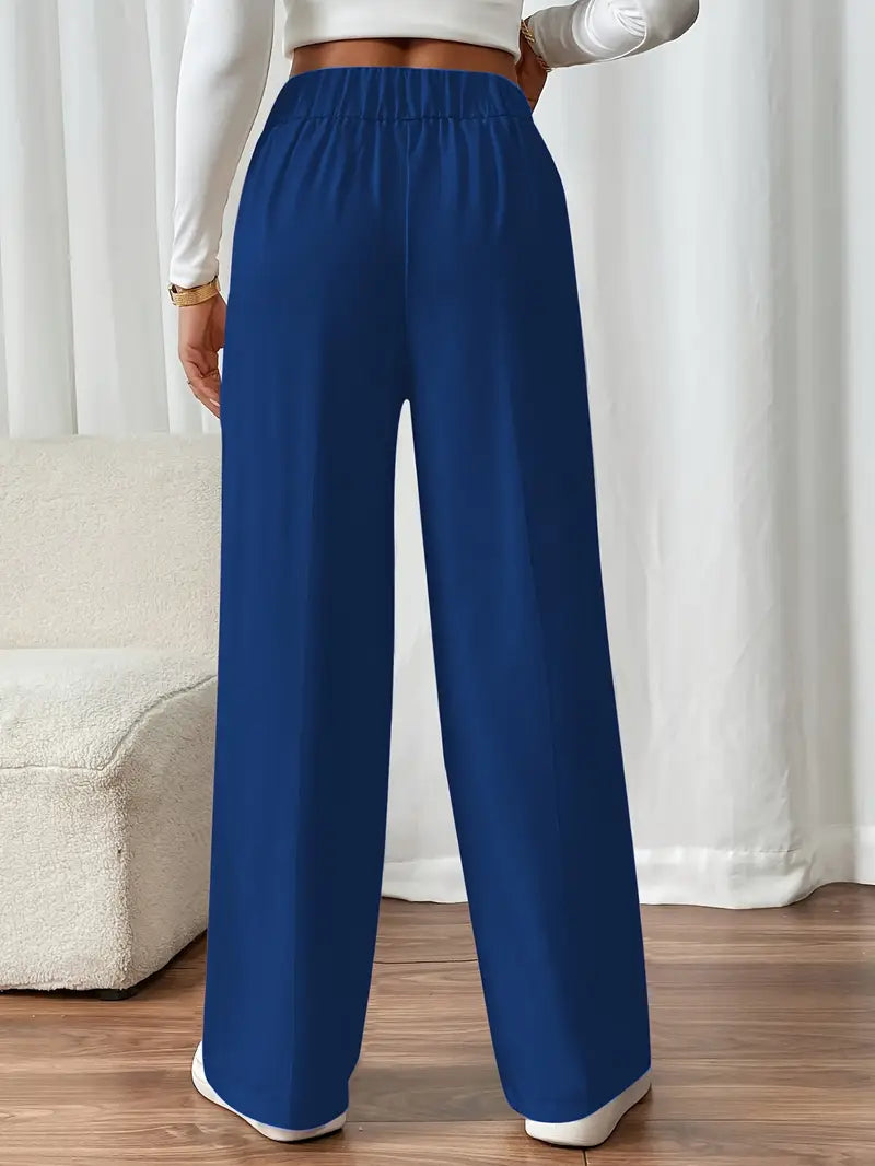Damen Hose Regular Fit Weites Bein Elastischer Bund Seitentaschen Casual Elegant Alltag Büro
