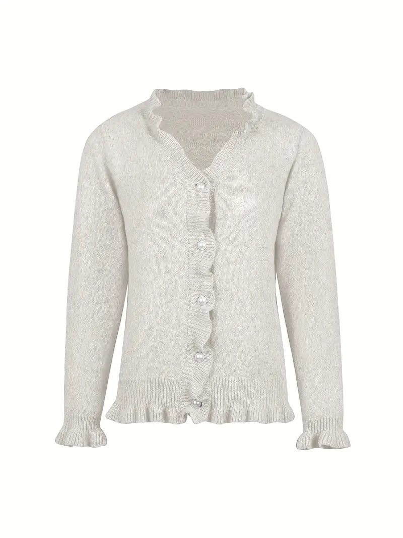 Damen Strickjacke Langarm Tailliert Knopfleiste Rüschen Regular Fit Elegant Freizeit Cardigan
