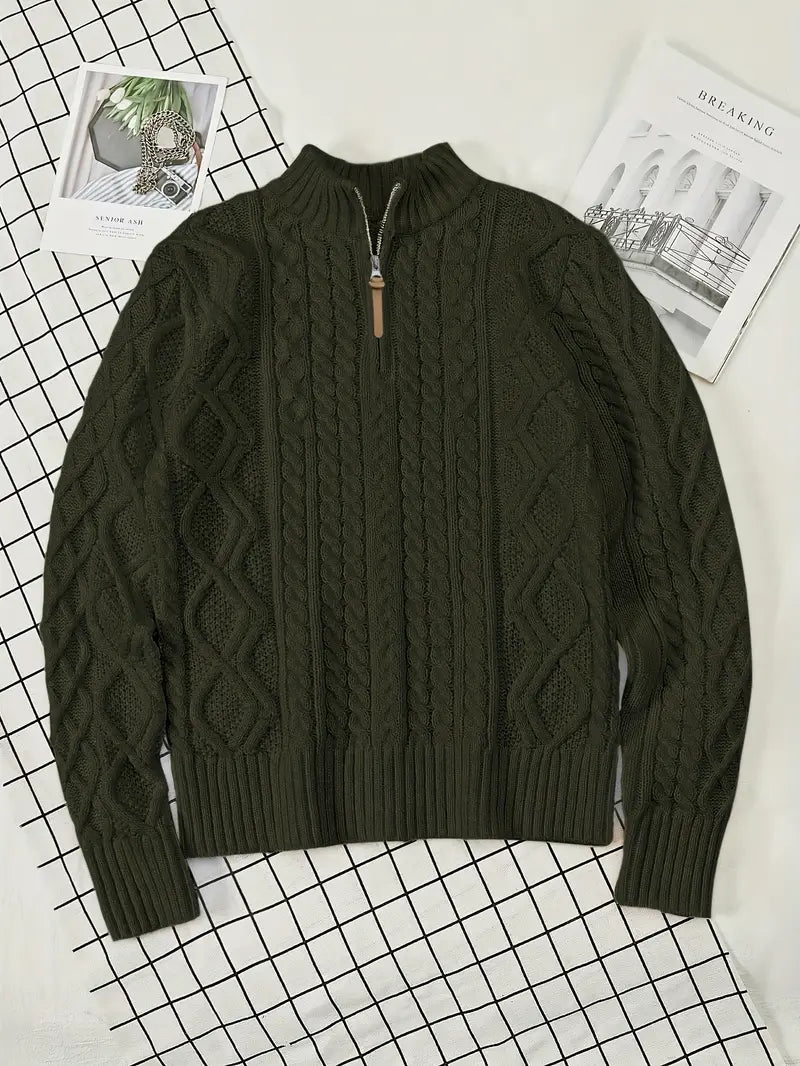 Herren Strickpullover, halber Reißverschluss Kragen Zopfmuster Stehkragen elastisch bequem