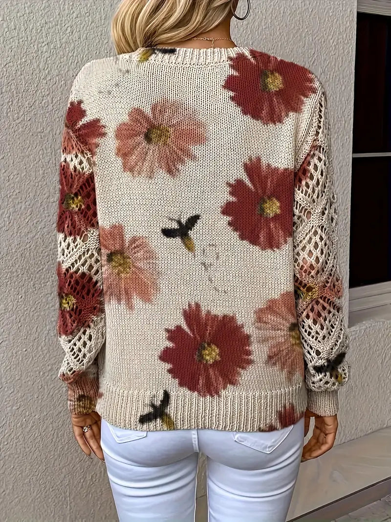 Damen Strickjacke Blumenmuster V-Ausschnitt Regular Fit Leicht Mittelschwer Häkeloptik Freizeit
