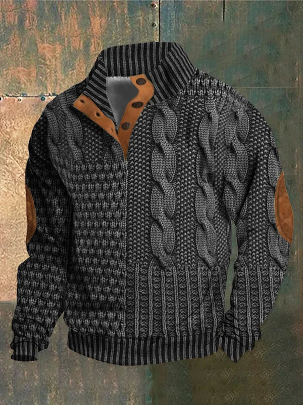 Herren Pullover Patchwork Zopfmuster, Knopfkragen, lange Ärmel, bequeme Passform