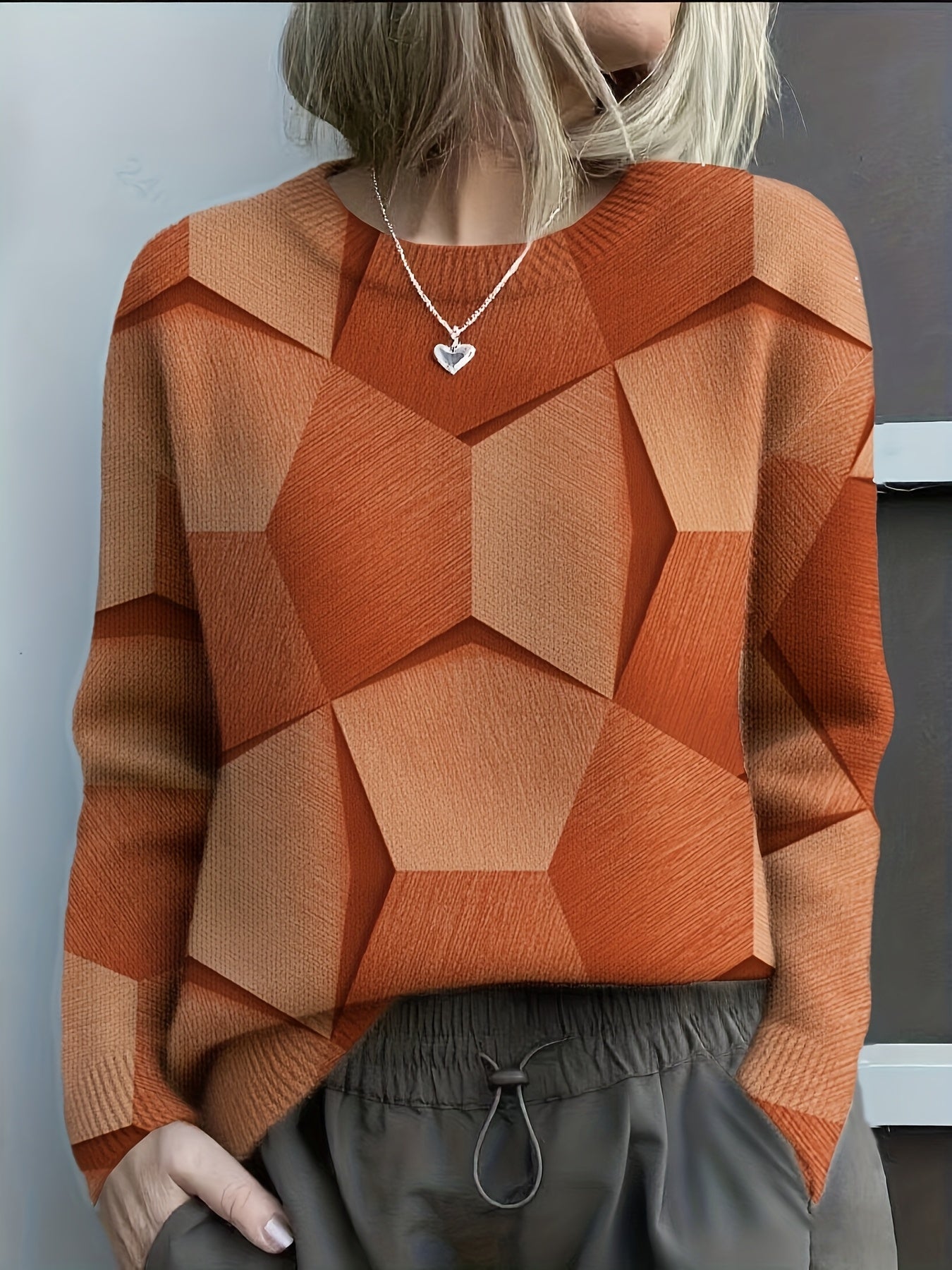 Damen Sweatshirt geometrisches Muster locker geschnitten bequem warm langarm