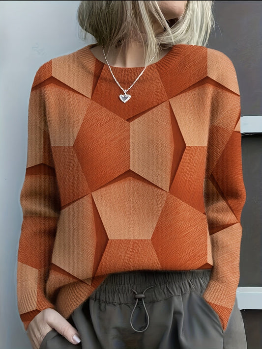 Damen Sweatshirt geometrisches Muster locker geschnitten bequem warm langarm