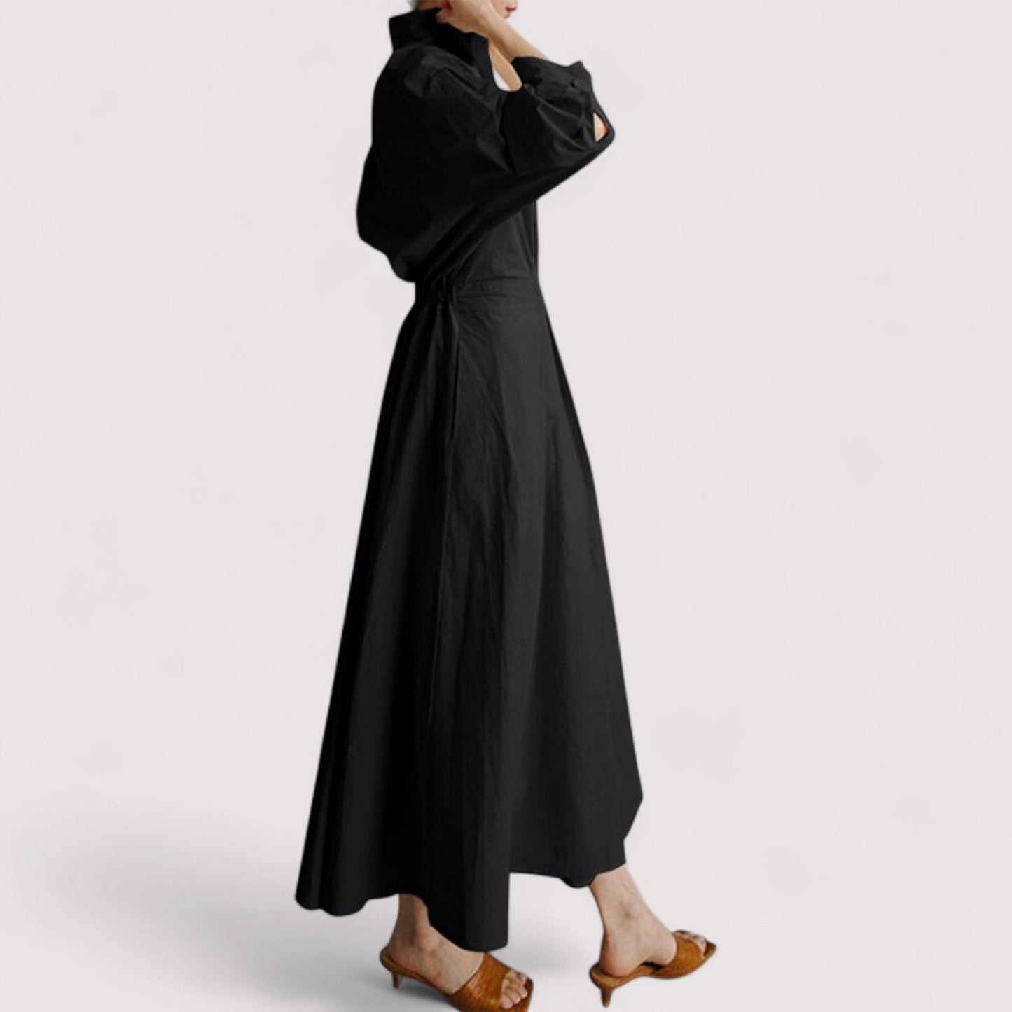 Damen Maxikleid Reverskragen elastischer Bund weit schwingend elegant