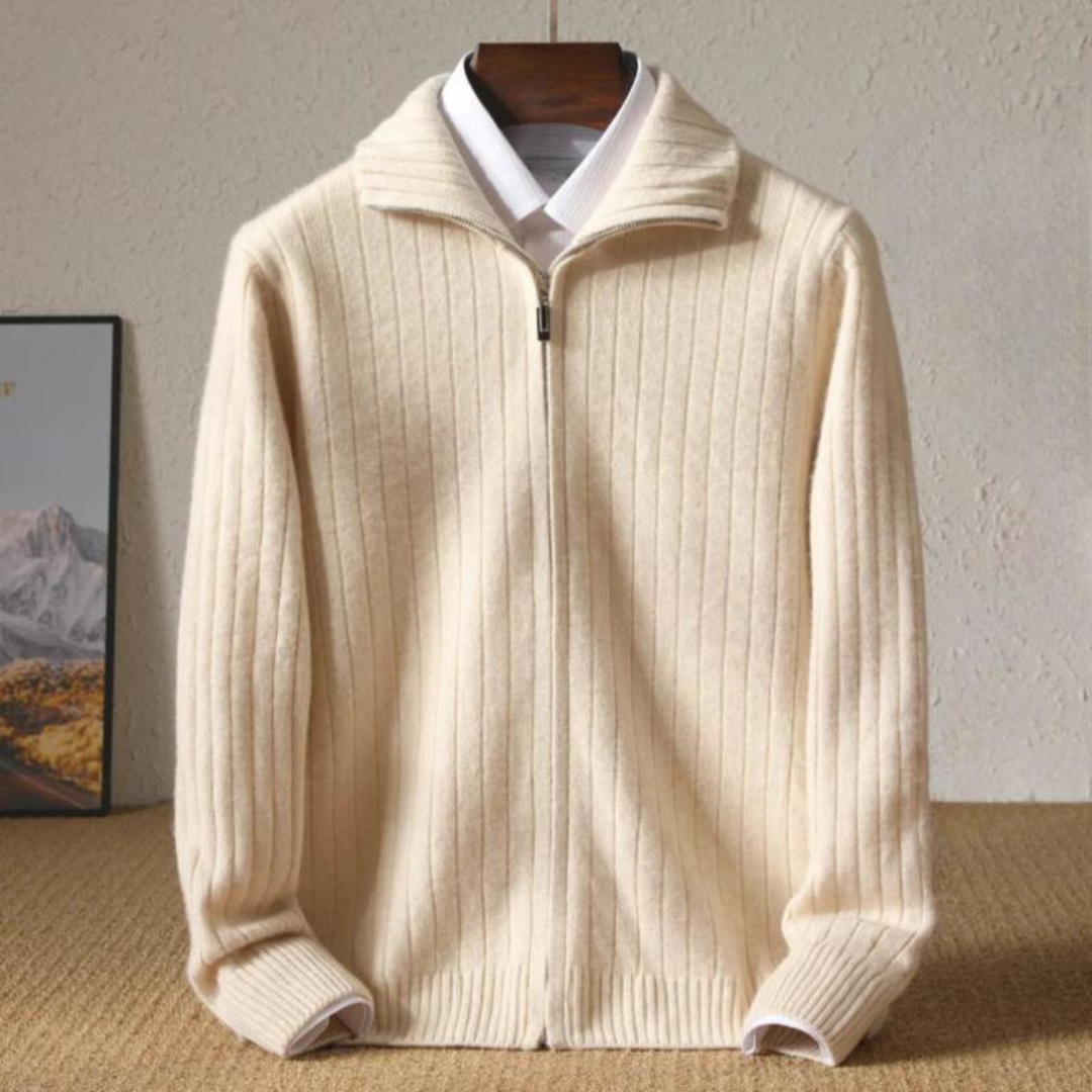 Herren Strickjacke Regular Fit Reißverschluss Wolle Rippstruktur Atmungsaktiv Modern Alltag Elegant