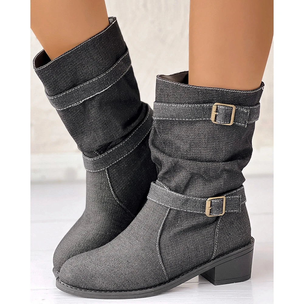 Damen Denim Schnalle Blockabsatz Mandel Stiefeletten geformt bequem