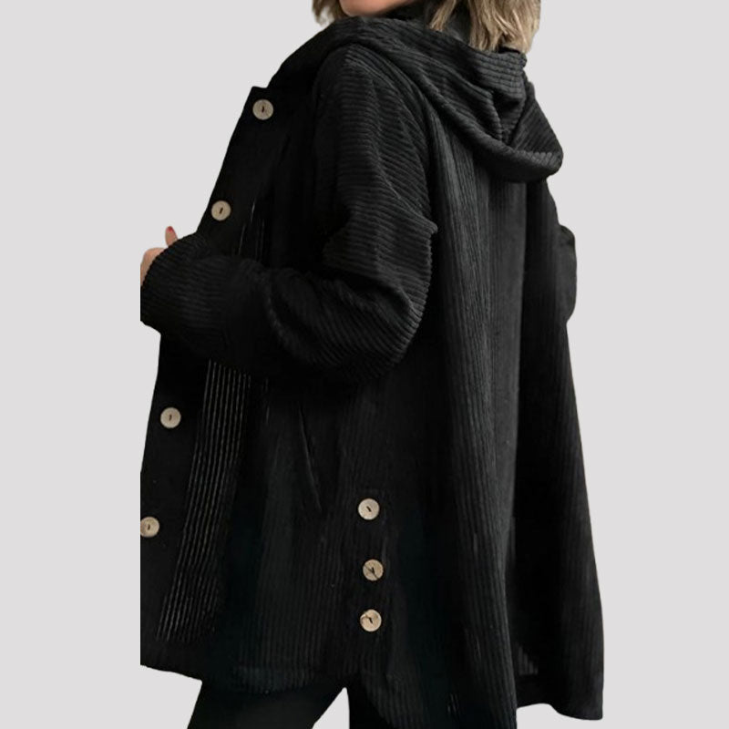 Damen Kordjacke einfarbig Kapuze Langarm Regular Fit Herbst Winter Freizeit Vintage Jacke