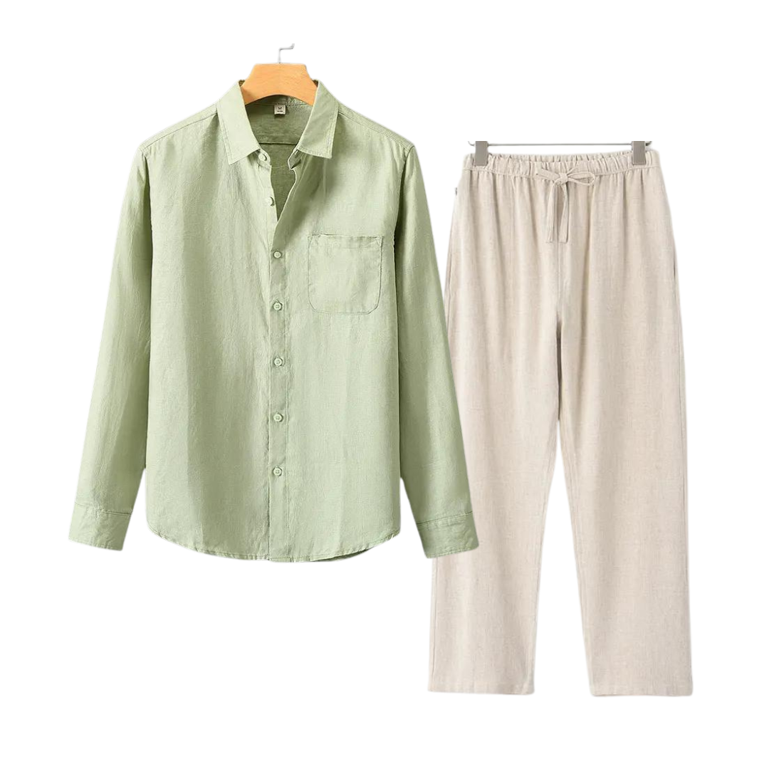 Herren Leinenhemd und Leinenhose Set Sommer Zweiteiler Freizeitanzug aus Leinen