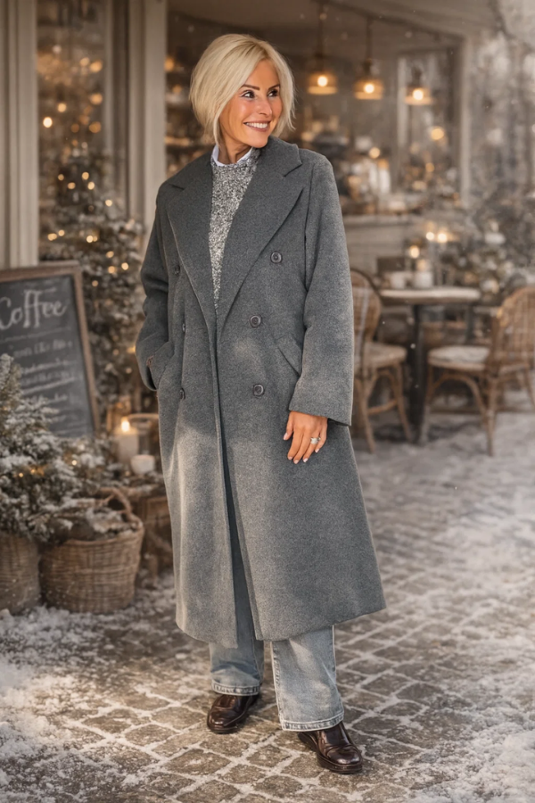 Damen Mantel Lang Doppelreiher Oversized Gefüttert Elegant Casual One Size
