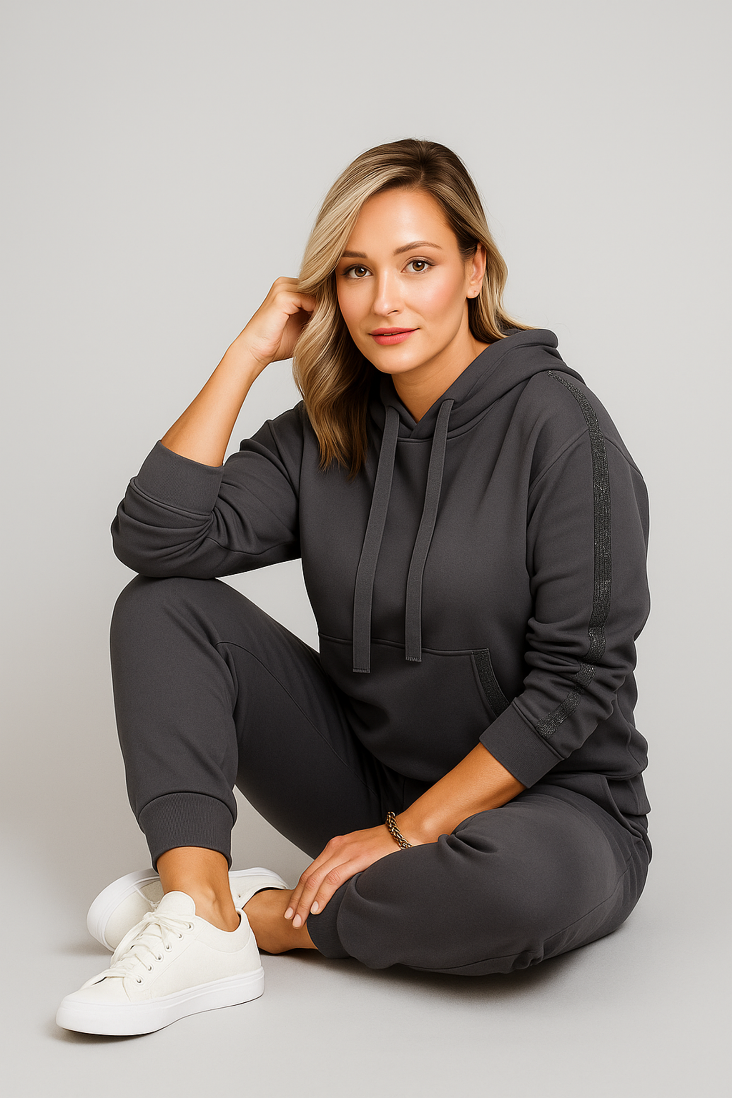 Damen Zweiteiler Regular Fit Kapuzenoberteil mit Kordelzug Hose Langarm Casual Trainingsset 2-teilig
