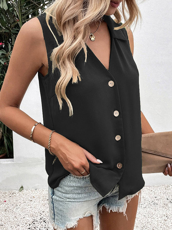 Ladies vest Top sleeveless Polyester Spandex solid color V-neck buttoned loose summer S-3X